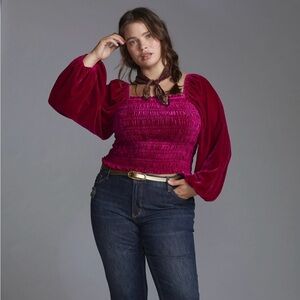 NWT Anthropologie Pink, Puff Sleeved Velvet Smocked Blouse - Size XL